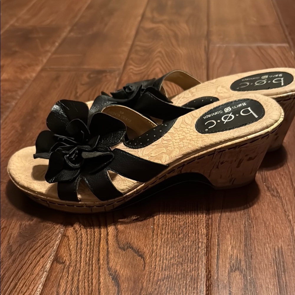 b.o.c. Black Wedge Slides -  Women’s Size 8/39 - Leather Upper, Cork Heel